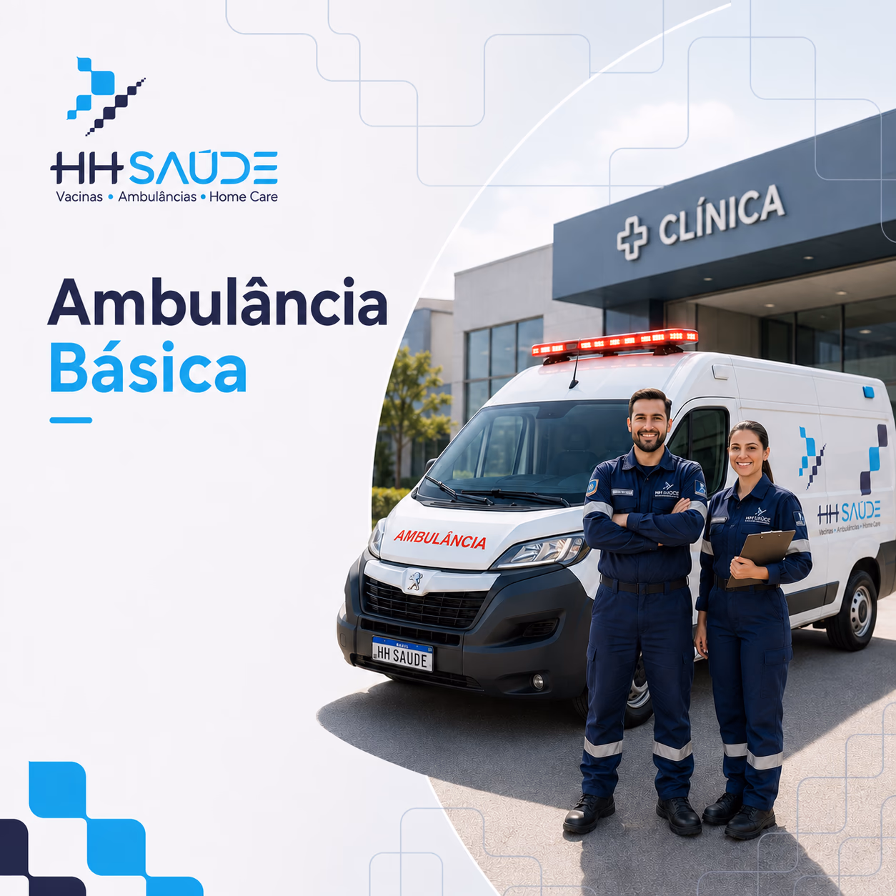 Ambulância Básica da HH Saúde com condutor socorrista e técnico de enfermagem