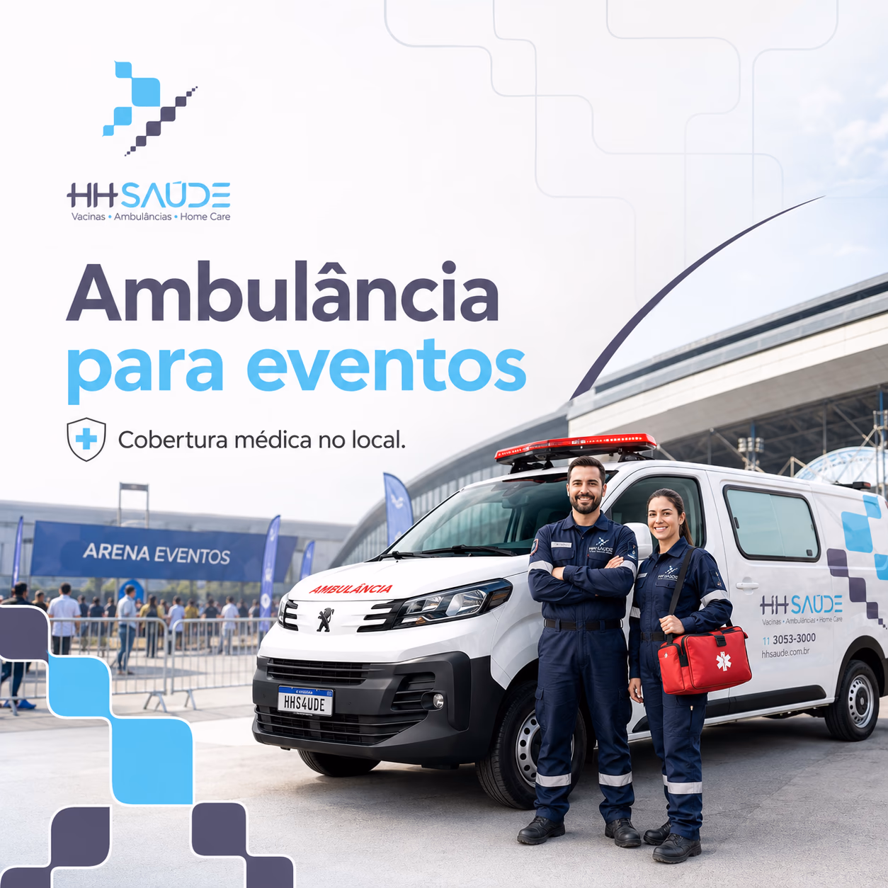 Ambulância da HH Saúde posicionada para cobertura médica de evento